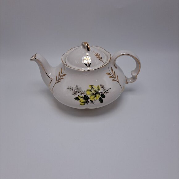 Ellgreave Wood & Sons England Yellow Floral Gold Accented Teapot Ironstone - Picture 3 of 13